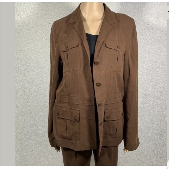 Vtg LRL Ralph Lauren Womens Brown Silk Chore Utility Coat Jacket Sz M Preppy - Picture 1 of 7